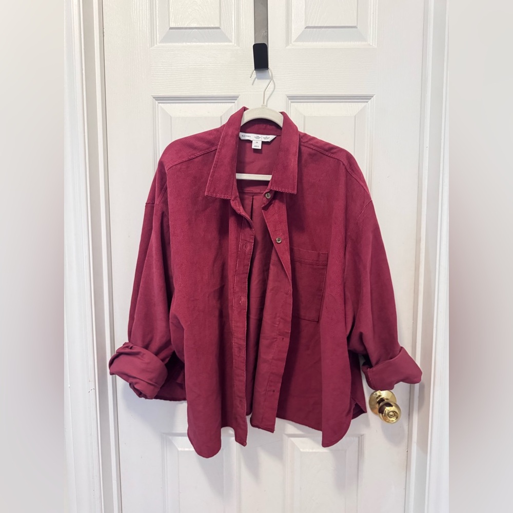 Old Navy Cropped Button-Down Corduroy Shirt in a deep burgundy
